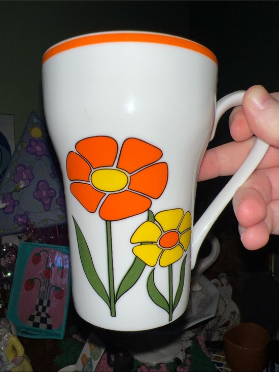 Other - 70s vintage White Floral Ceramic Mug with Orange and Yellow Flowers